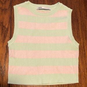 Zara Pink Green Striped Sleeveless Sweater Cropped Top Y2K Medium Rugby Retro